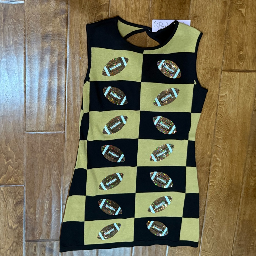 NWT Queen of Sparkles Size XS Football Patterned Dress in Black and Gold